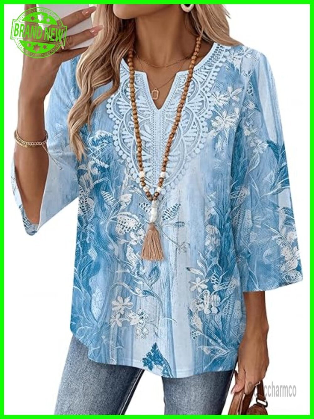3/4 Length Sleeve V Neck Lace Blouse Casual Dressy Top